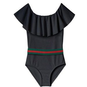 Stella Cove NWT Girls Black Ruffle Red Green Fixed Belt One Piece Swimsuit Sz 8Y